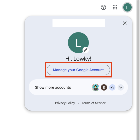 Manage account option to get to 2FA settings