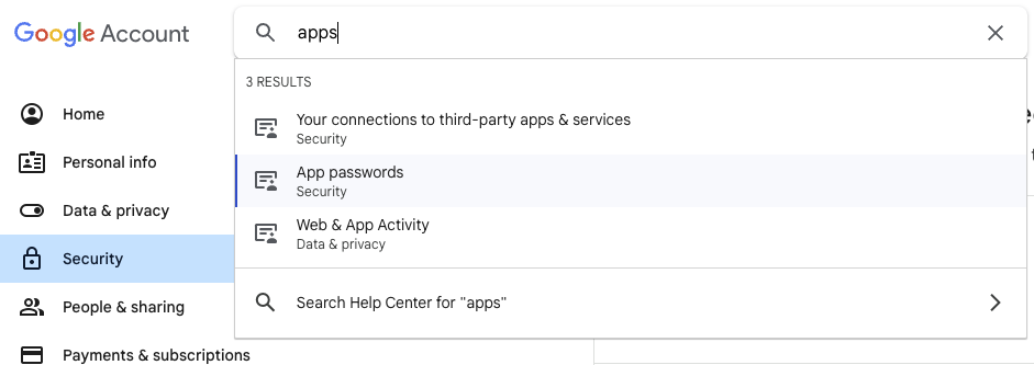 Search for app passwords